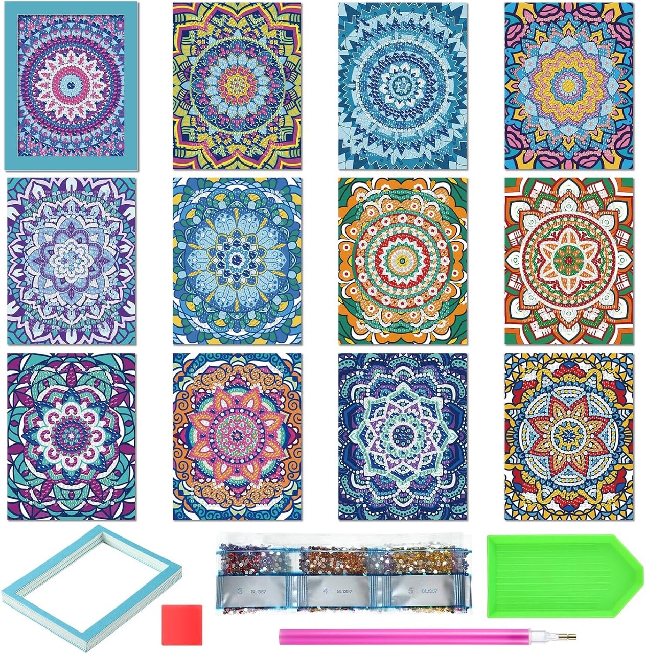 24-Piece Mini Diamond Painting Kit Set for Beginners – 12 Mandala Designs with Borders – Quick 1-Hour DIY Art for Home Décor, Desktop, 5.12x3.94 Inches